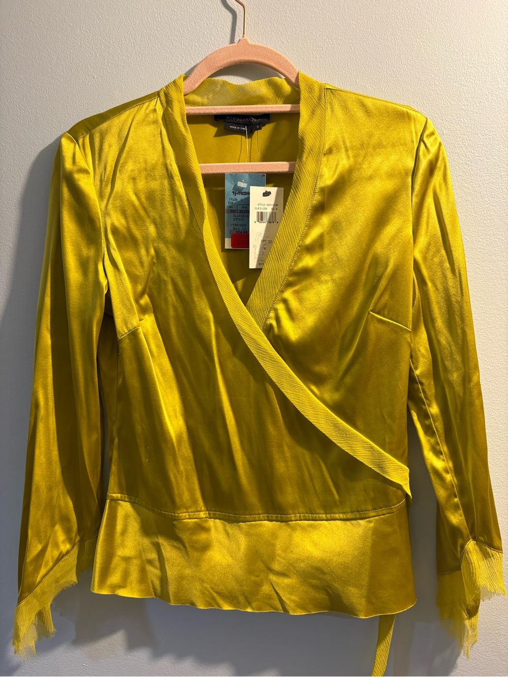 BCBGMaxAzria Yellow Satin Wrap Blouse Dress